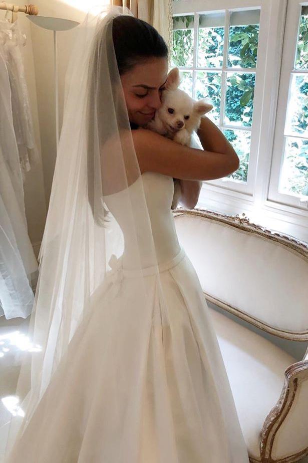 Simple Satin Strapless Wedding Dresses, Long Bridal Dress with Pockets