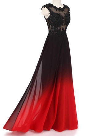 Round Neck Lace Applique Top Chiffon Black & Red Ombre Prom Formal Dresses