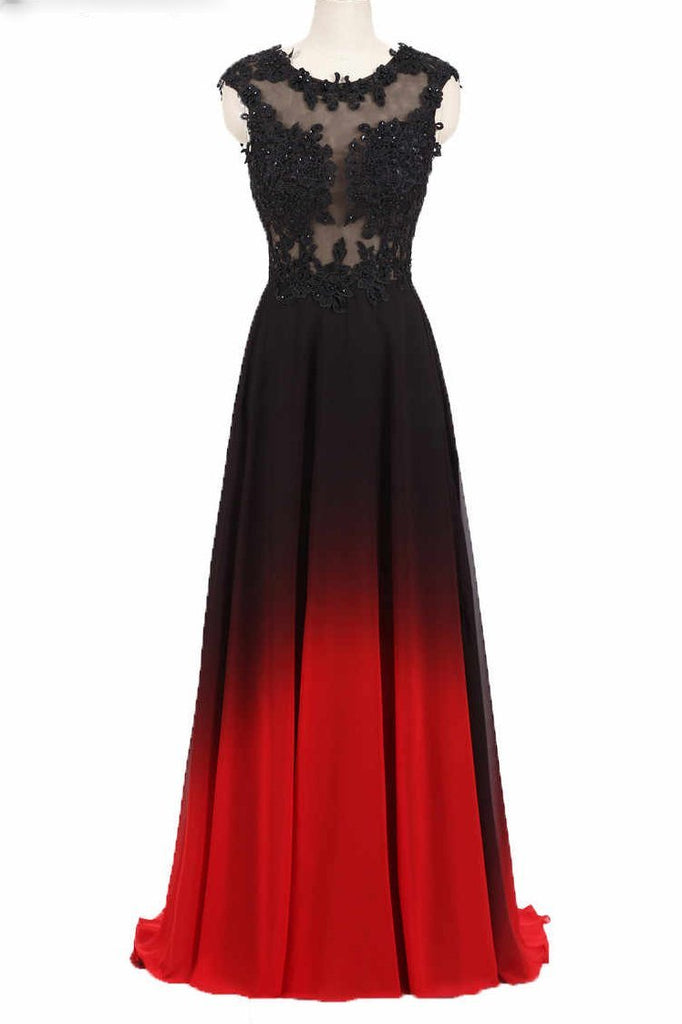 round neck lace applique top chiffon black & red ombre prom formal dresses dtp791