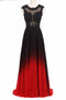 Round Neck Lace Applique Top Chiffon Black & Red Ombre Prom Formal Dresses