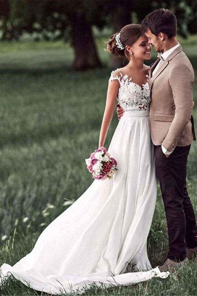 lace appliques wedding dresses cap-sleeves beach bridal gown dtw268