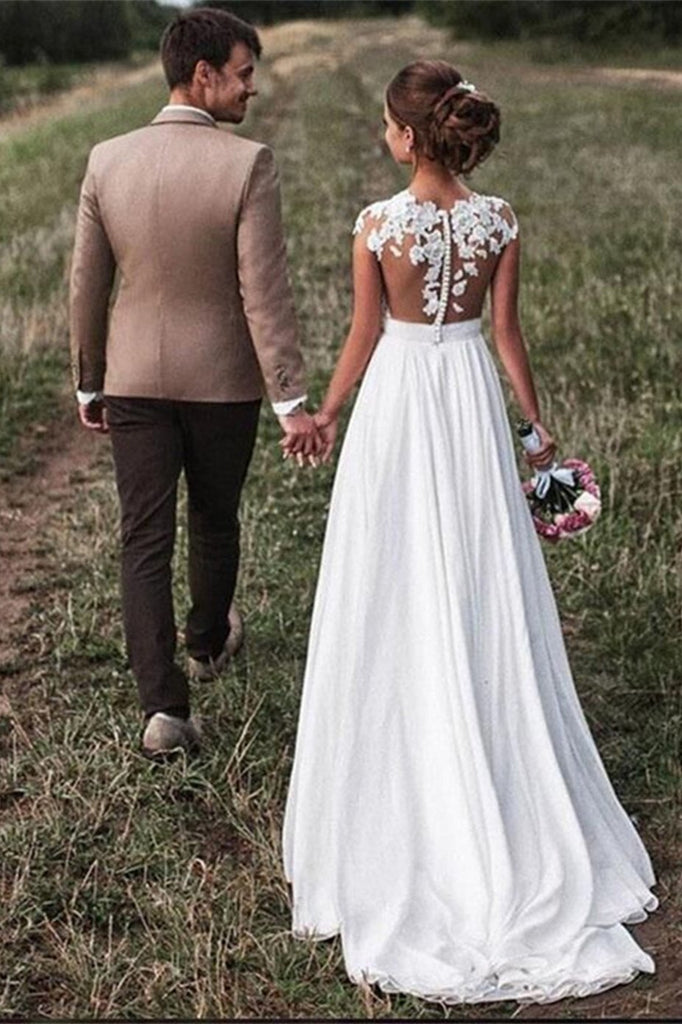 Lace Appliques Wedding Dresses Cap-Sleeves Beach Bridal Gown
