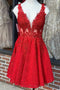 A-line V-Neck Lace Red Homecoming Dress, Short Lace Party Dress