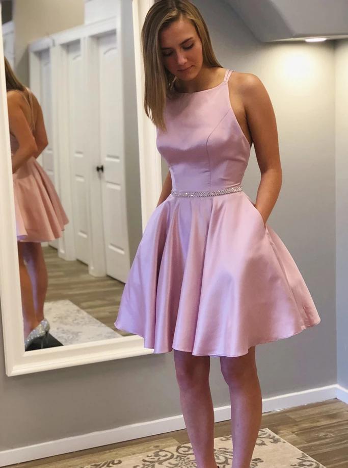 Round Neck Beading Waist Short Pink Homecoming Dress with Pockets DTH349 DressTok.co.uk Round Neck Beading Waist Short Pink Homecoming Dress with Pockets DTH349 DressTok.co.uk