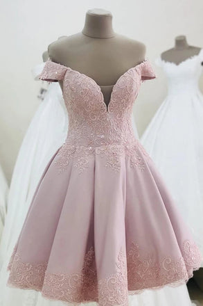 off shoulder pink short homecoming dress with lace appliques dth310