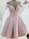 Off Shoulder Pink Short Homecoming Dress with Lace Appliques