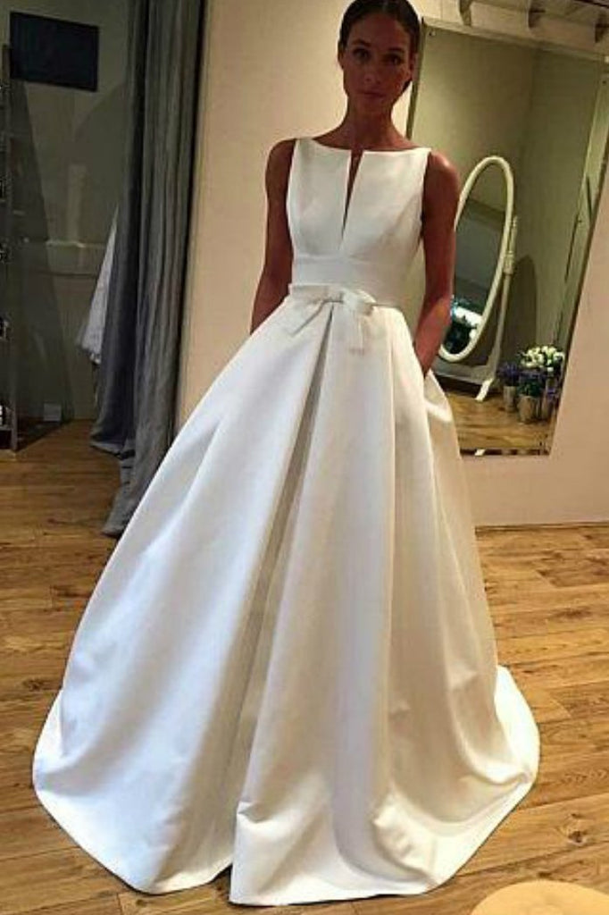 bateau neckline satin bridal gowns simple wedding dress with pockets dtw245