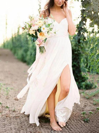 Simple Spaghetti Strap Chiffon Beach Wedding Dresses with Split