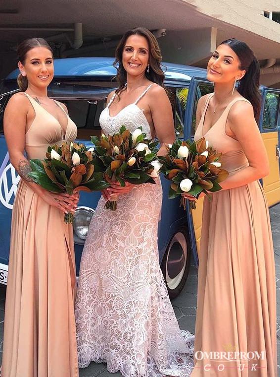 Simple Long Bridesmaid Dresses A-line Wedding Guest Dress With Split