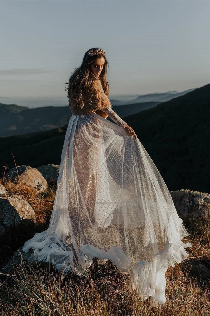Lace Long Sleeve Polka Dot Bridal Gown Rustic Wedding Dress