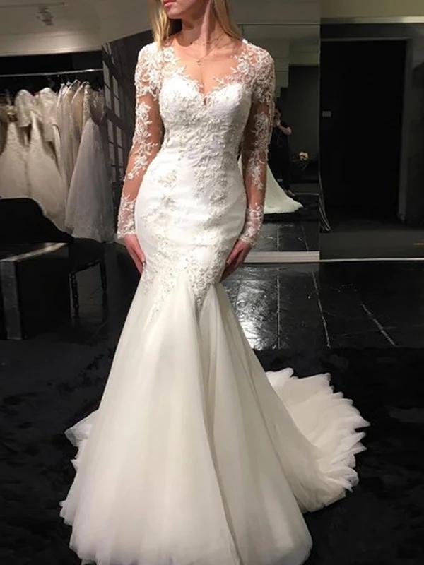 Mermaid V-neck Long Sleeve Appliques Wedding Dresses With Sheer Back