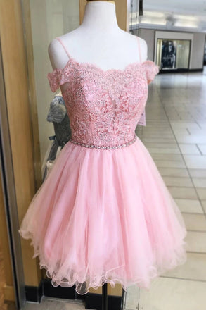 appliques short sweet 16 dress off shoulder pink homecoming dress with beading dth281