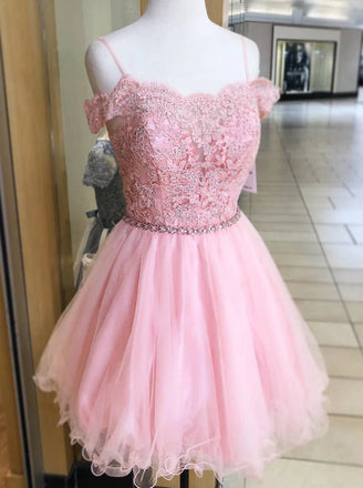 Off Shoulder Pink Homecoming Dress With Beading, Appliques Short Sweet 16 Dress