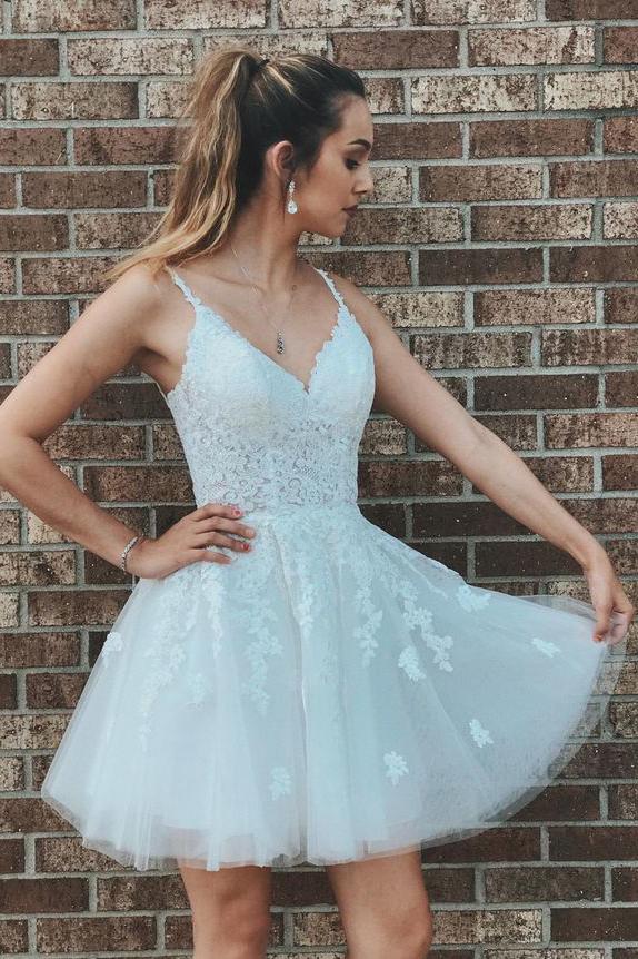 Elegant A-line Tulle White Short Homecoming Dress with Lace DTH374 DressTok.co.uk Elegant A-line Tulle White Short Homecoming Dress with Lace DTH374 DressTok.co.uk