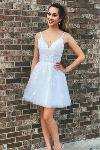 elegant a-line tulle white short homecoming dress with lace dth374