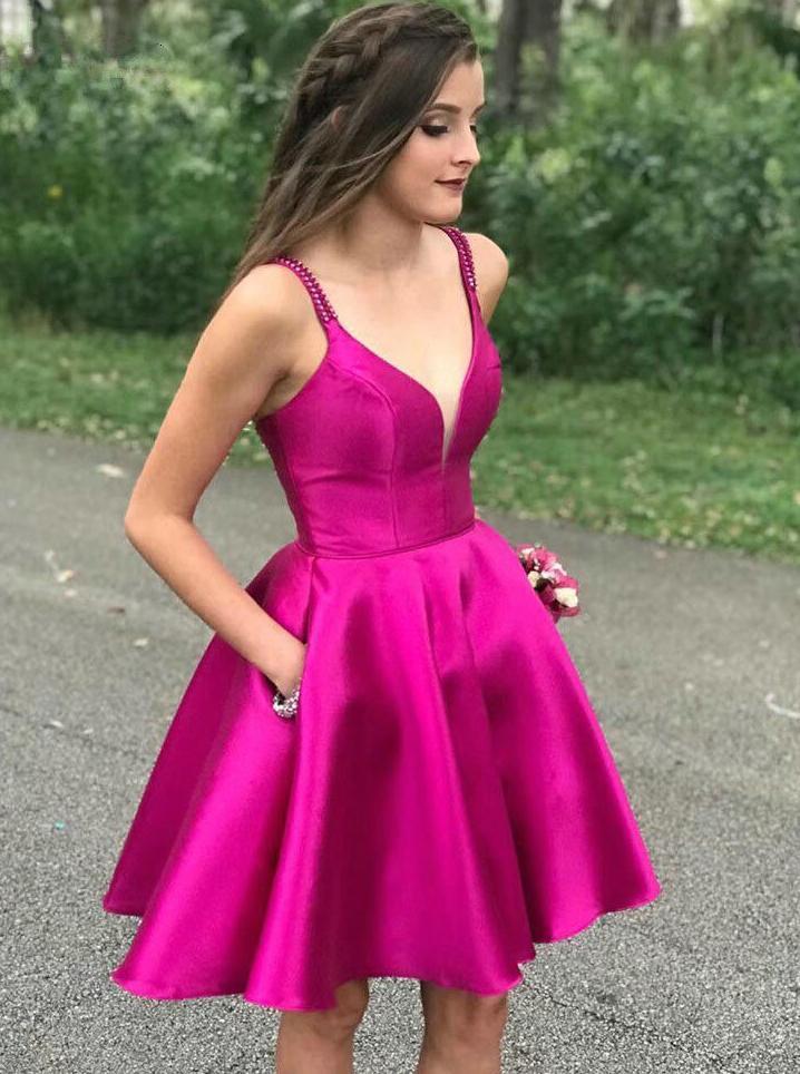A-line Short Graduation Gown Fuchsia Homecoming Dresses with Pockets