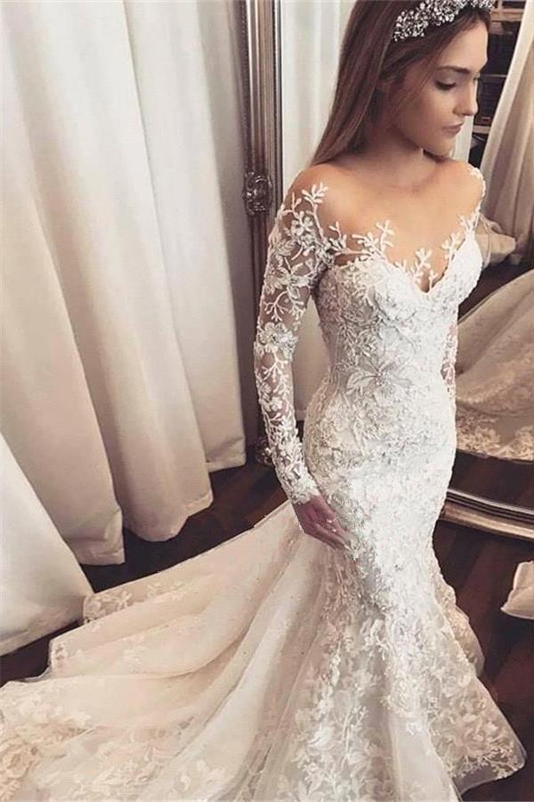 sexy mermaid long sleeve lace applique wedding dresses with beading dtw269