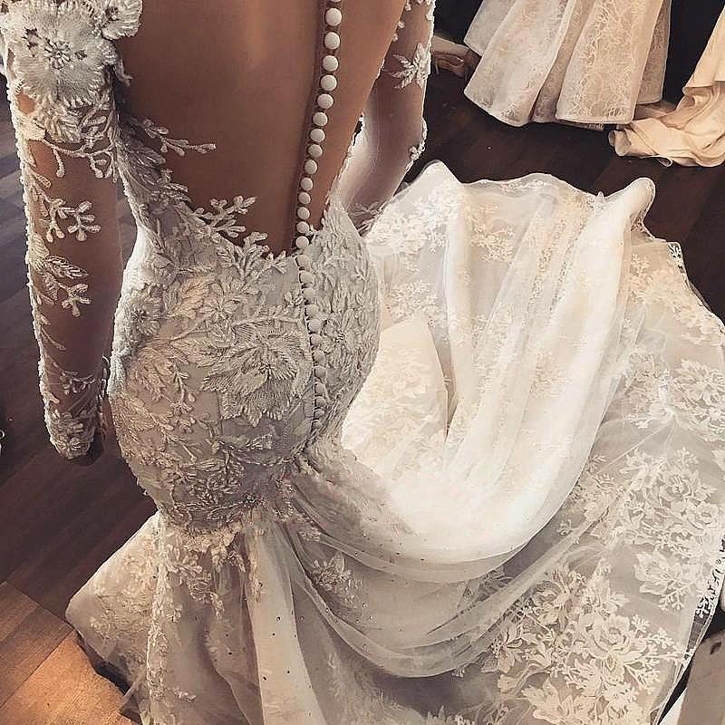 Sexy Mermaid Long Sleeve Lace Applique Wedding Dresses With Beading