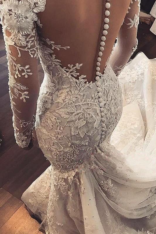 Sexy Mermaid Long Sleeve Lace Applique Wedding Dresses With Beading