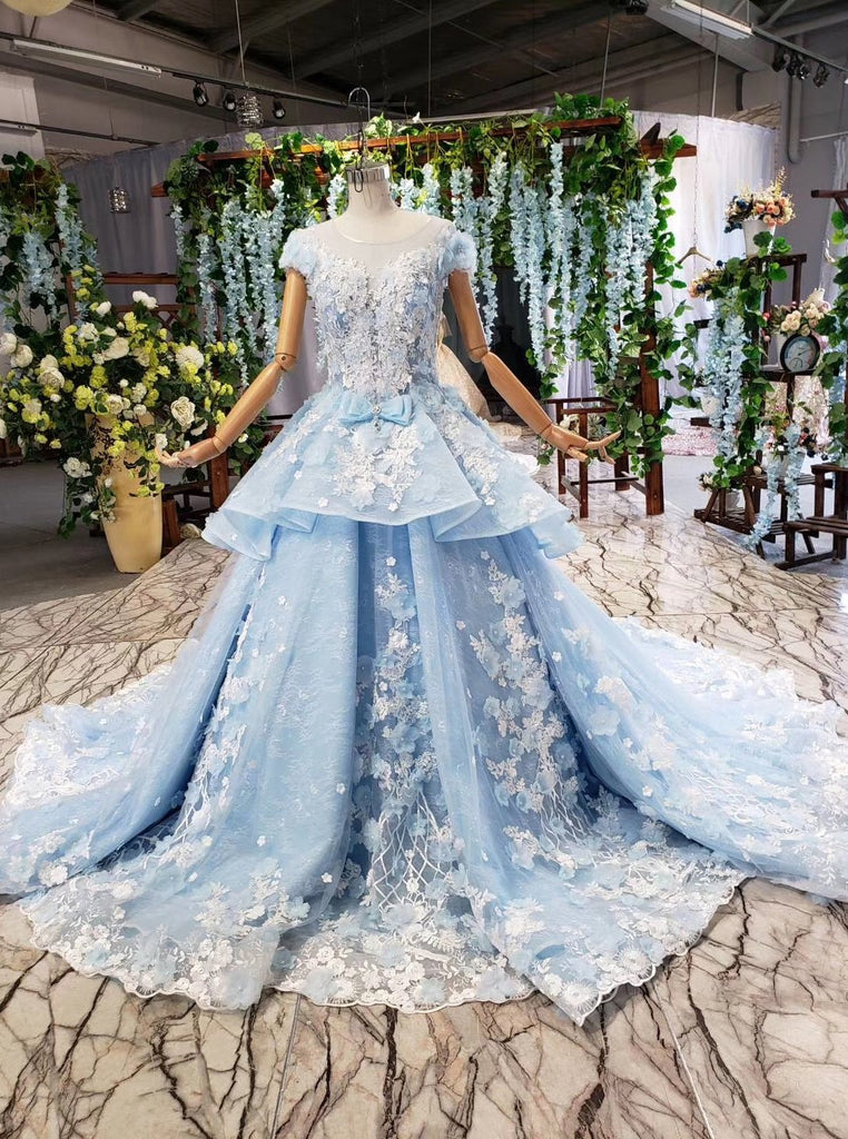 Sky Blue Quinceanera Dresses Ball Gown Vintage Wedding Dress With Appliques Beading