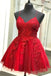 strappy short homecoming dresses lace applique red short prom dress dth311