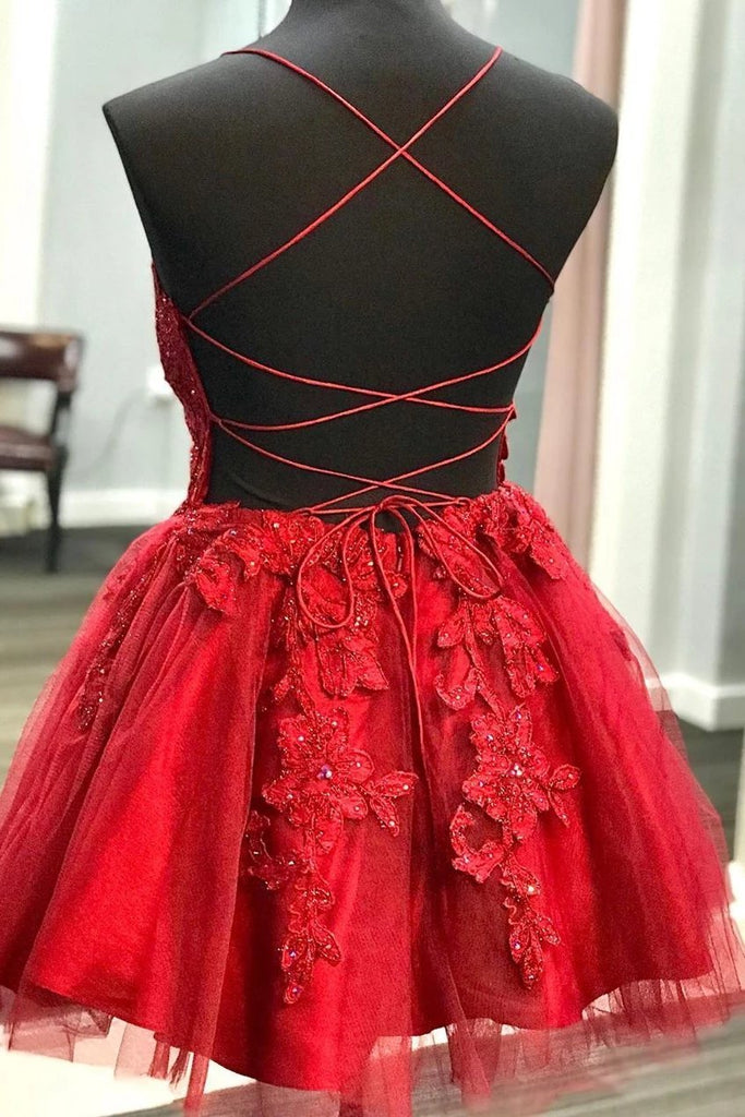 Strappy Short Homecoming Dresses Lace Applique Red Short Prom Dress