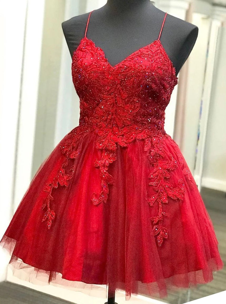Strappy Short Homecoming Dresses Lace Applique Red Short Prom Dress