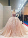 Sheer Round Neckline Pink Lace Applique Wedding Dresses Quinceanera Dress