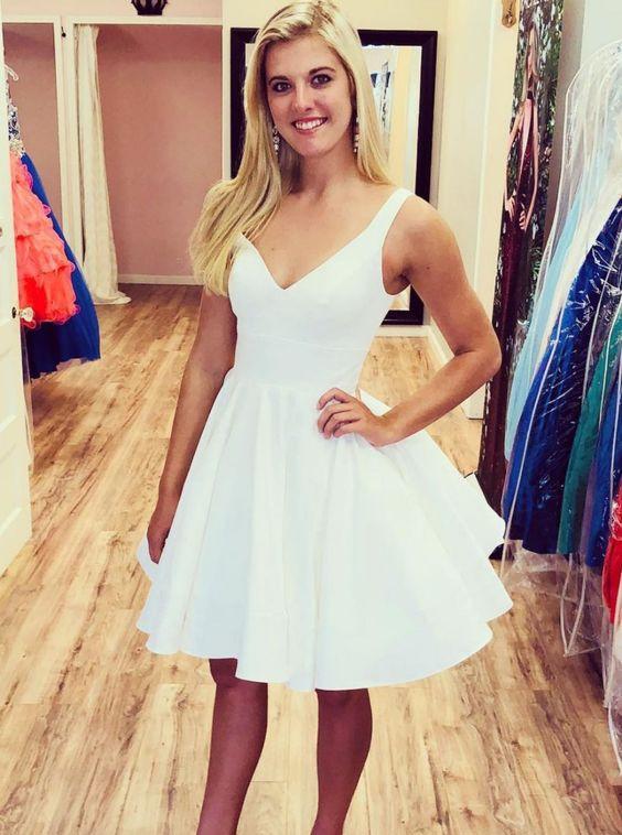 A-line V-neck White Homecoming Dresses Simple Short Prom Dress