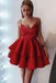 spaghetti strap lace short red homecoming dress with satin ruffled dth324