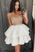 spaghetti strap lace short homecoming dress with satin ruffled dth323