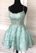 spaghetti-straps mint green short lace backless homecoming dresses dth322
