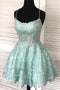 Spaghetti-straps Mint Green Short Lace Backless Homecoming Dresses