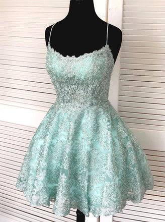 Spaghetti-straps Mint Green Short Lace Backless Homecoming Dresses