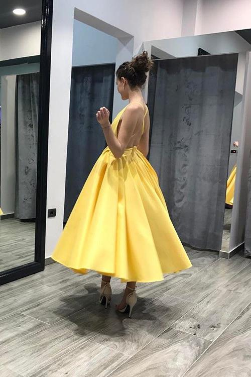 Yellow A-line Tea Length Homecoming Dress, Simple Short Prom Dress