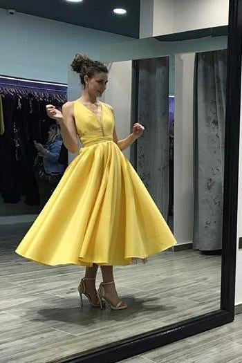 simple short prom dress yellow a-line tea length homecoming dress dth318