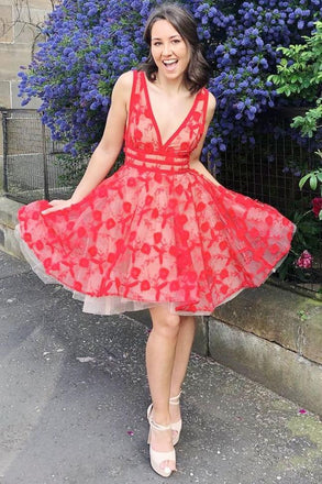 v-neck lace red homecoming dresses short prom dress dth339