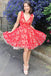 v-neck lace red homecoming dresses short prom dress dth339