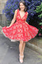 V-neck Lace Red Homecoming Dresses Short Prom Dress