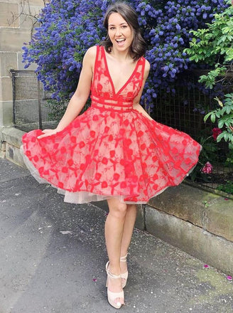 V-neck Lace Red Homecoming Dresses Short Prom Dress