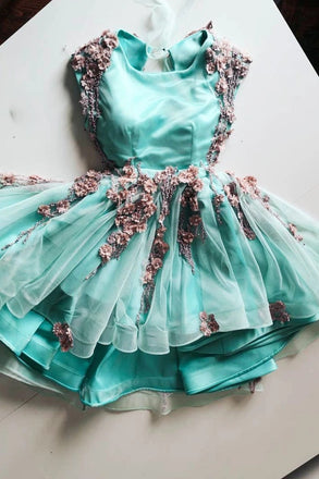 mint green tulle short prom homecoming dresses with 3d applique dth321