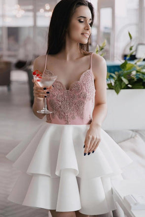 spaghetti strap lace short graduation homecoming dress with layered dth325