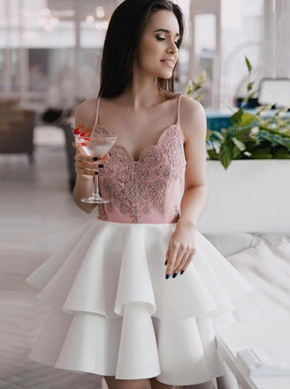 Spaghetti Strap Lace Short Graduation Homecoming Dress With Layered