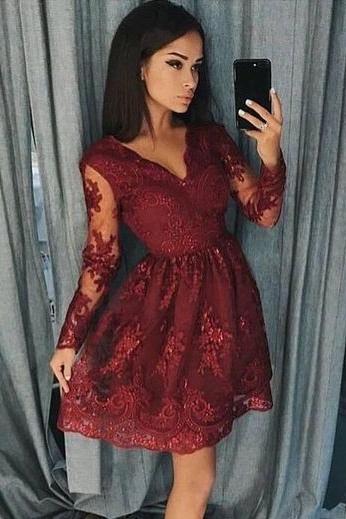 burgundy homecoming dresses long sleeve lace short prom dress dth332