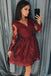 burgundy homecoming dresses long sleeve lace short prom dress dth332