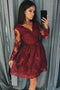 Burgundy Homecoming Dresses Long Sleeve Lace Short Prom Dress