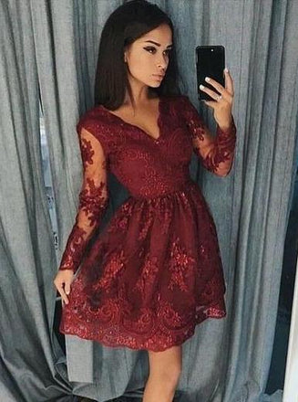 Burgundy Homecoming Dresses Long Sleeve Lace Short Prom Dress