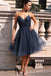 sparkly navy blue knee length homecoming dresses prom dresses dth330