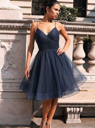 Sparkly Navy Blue Knee Length Homecoming Dresses Prom Dresses