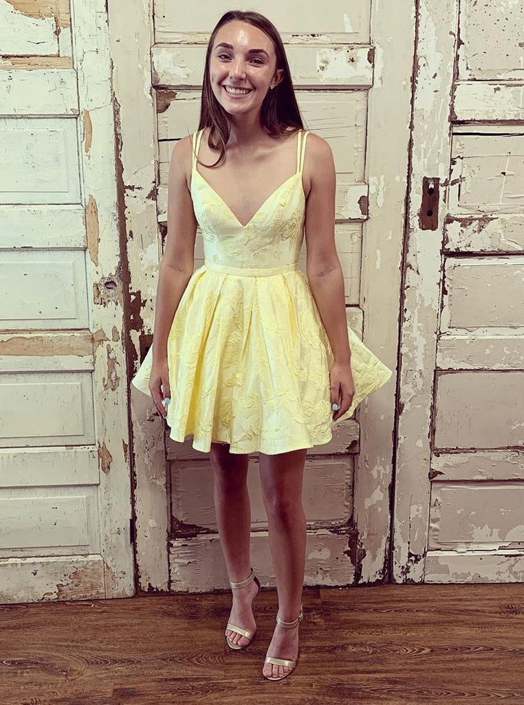 Double Straps V-neck Yellow Short Prom Dress Homecoming Dresses